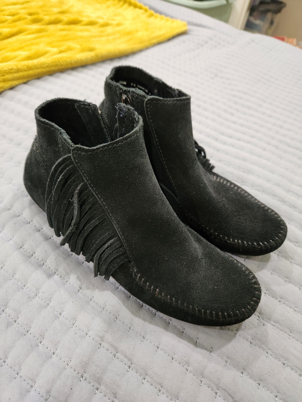Minnetonka Black Suede Fringe Ankle Moccasins